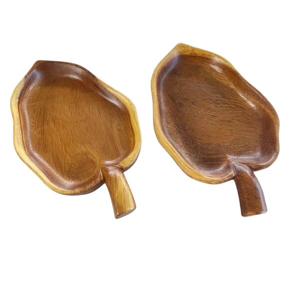 Vintage Monkey Pod Taro Leaf Bowl 10"x6" Made in Hawaii Set of 2 - Picture 7 of 7